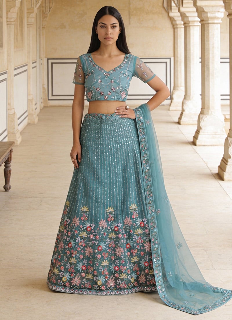 Blue Net Sequins Embroidered A Line Lehenga Wedding Wear