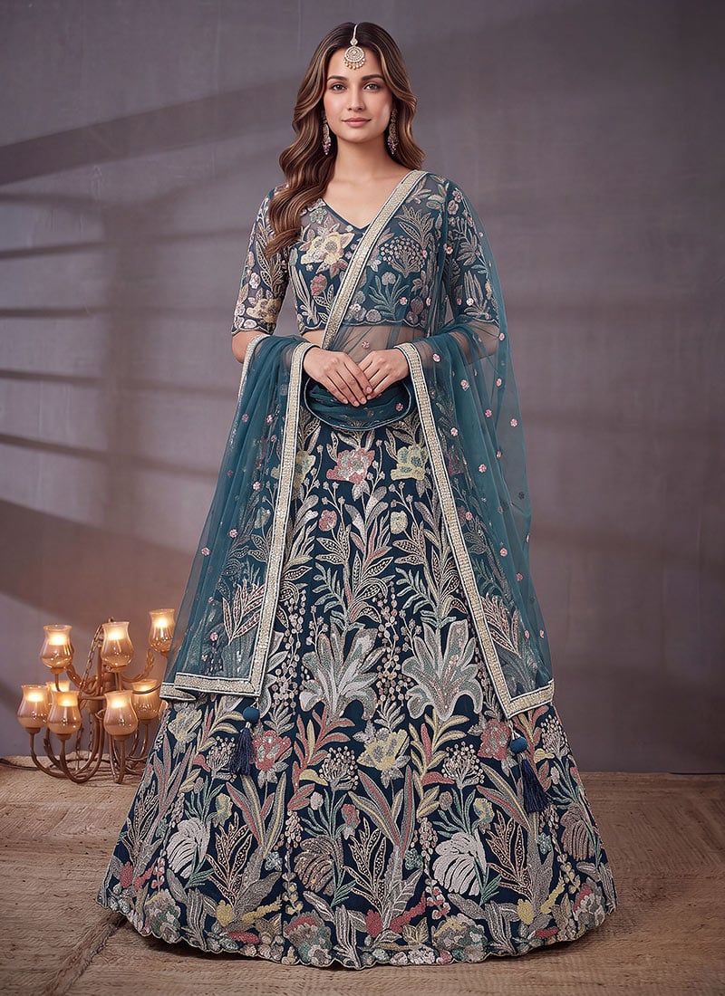Blue Net Sequins Embroidered Lehenga Wedding Wear