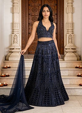Blue Net Sequins Embroidered Umbrella Lehenga