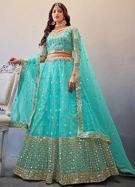 Blue Net Sequins Embroidery Umbrella Lehenga Choli