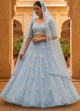 Blue Net Sequins Hand Embroidered Lehenga