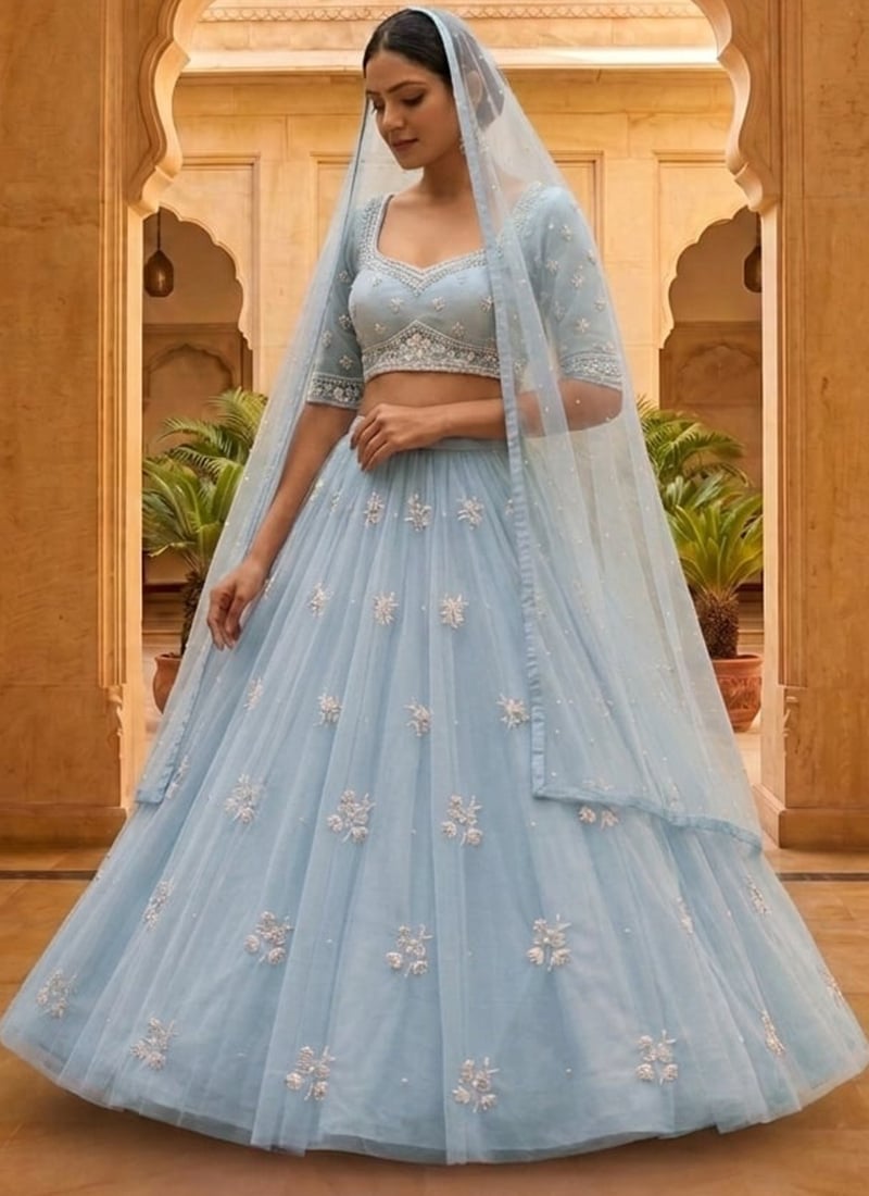 Blue Net Sequins Hand Embroidered Lehenga Wedding Wear