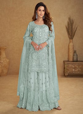 Blue Net Sequins Mirror Work Hand Embroidered Palazzo Suit