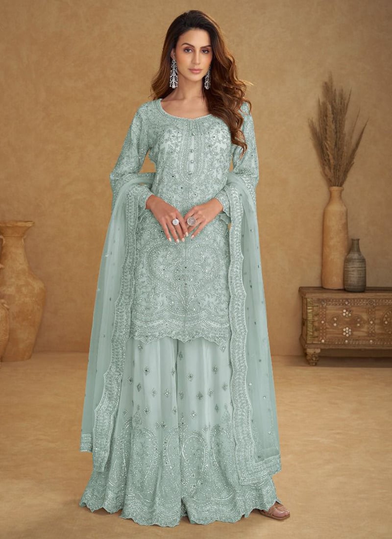 Blue Net Sequins Mirror Work Hand Embroidered Palazzo Suit Festive Wear