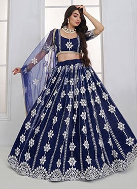 Blue Net Sequins Thread Embroidered Lehenga