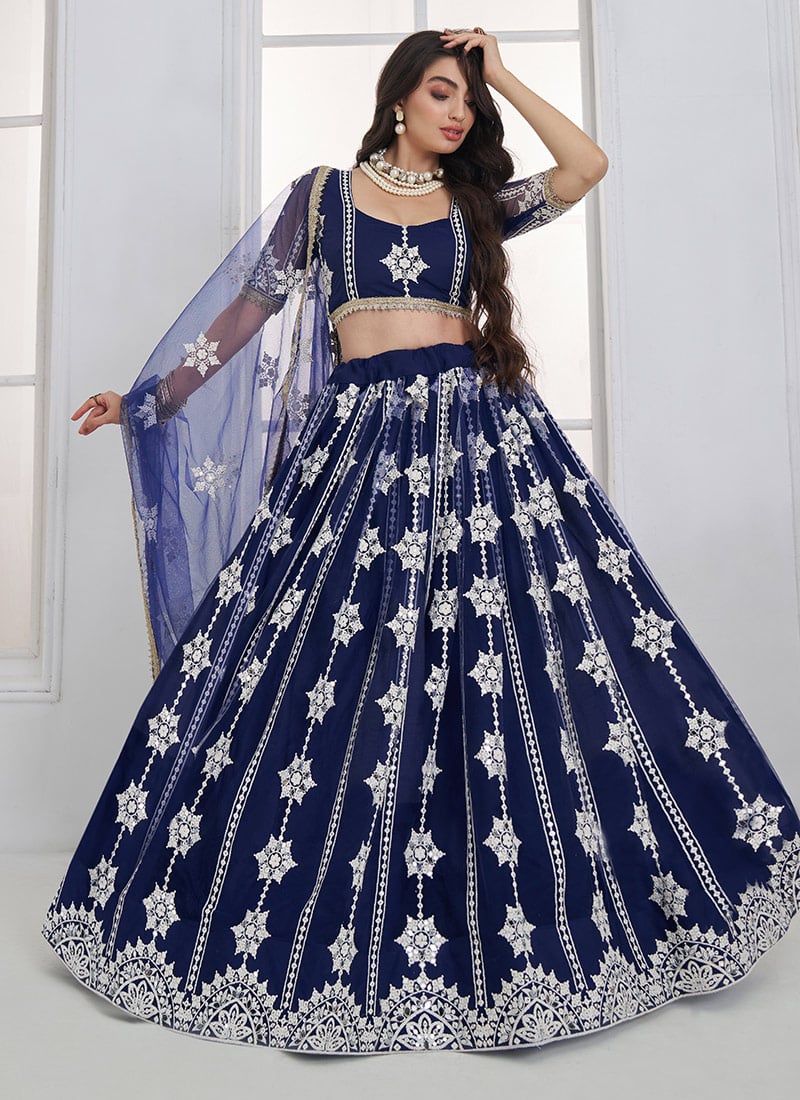 Blue Net Sequins Thread Embroidered Lehenga Wedding Wear