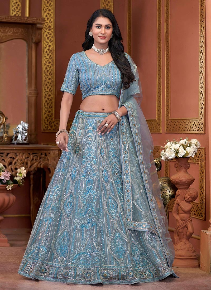 Blue Net Zari Embroidered Stone Sequins Breathtaking Lehenga Wedding Wear