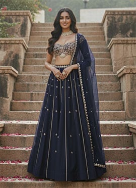 Blue Net Zari Hand Embroidered Sequins Lehenga
