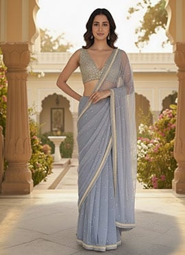 Blue Net Zari Hand Embroidered Sequins With Beads Work Saree