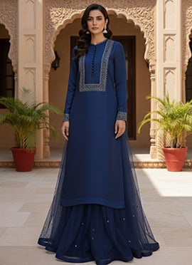 Blue Net Zari Sequins A Line Lehenga