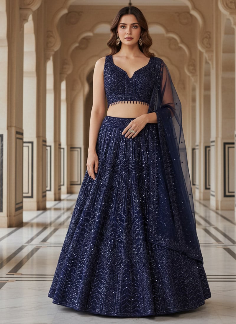 Blue Net Zari Sequins Embroidered Lehenga Wedding Wear