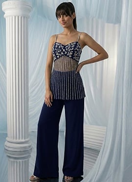 Blue Net Zari Sequins Hand Embroidered Indowestern Palazzo Set