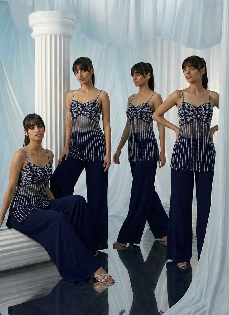 Blue Net Zari Sequins Hand Embroidered Indowestern Palazzo Set Wedding Wear