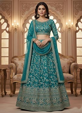 Blue Net Zari Sequins Lehenga