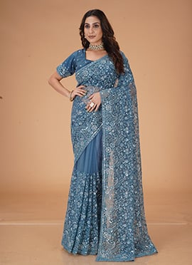 Blue Net Zari Sequins Stone Work Saree