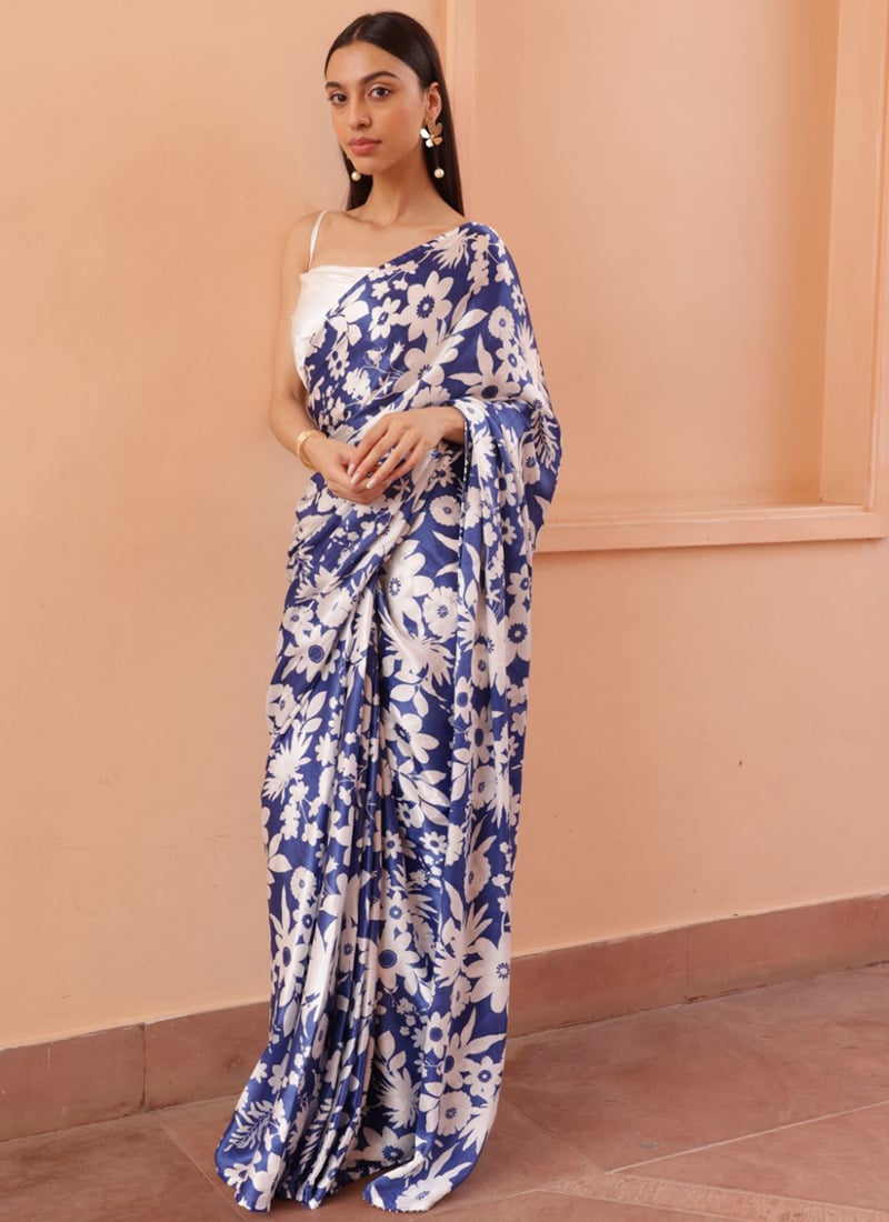 Blue Nylon Digital Floral Print Saree After Six Wear
