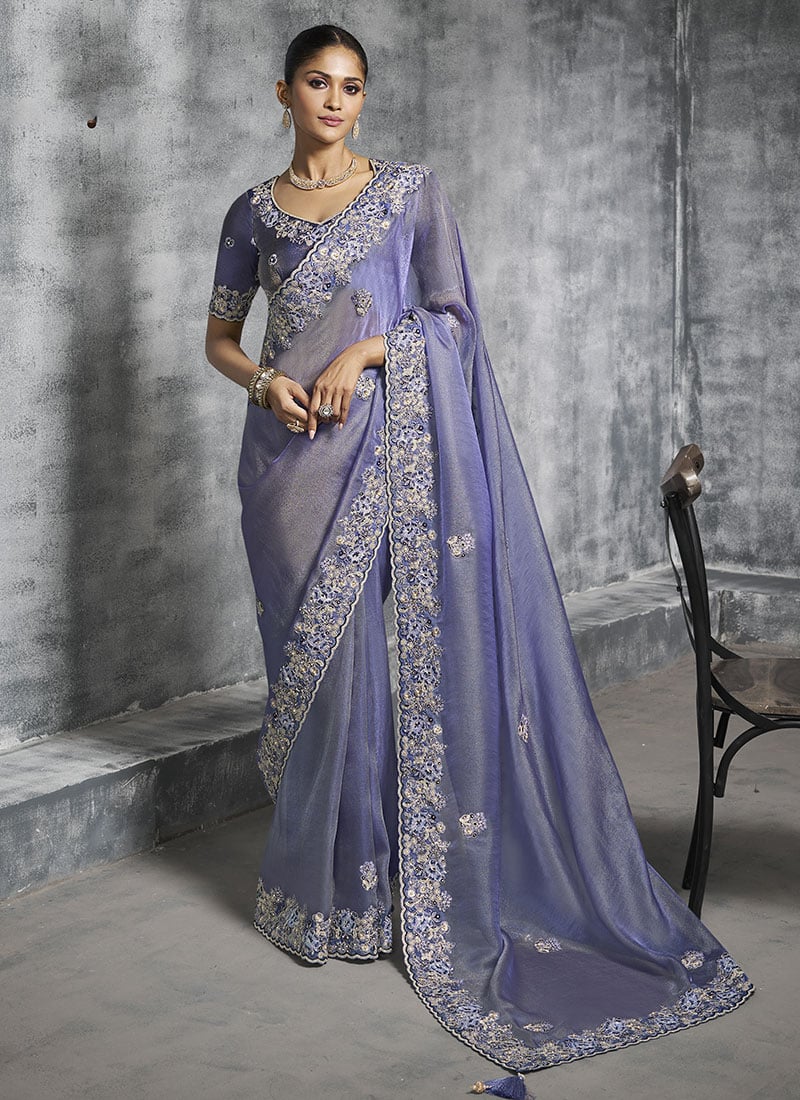 Blue Nylon Satin Silk Resham Sequins Embroidered Stones Beads Zari Saree Wedding Wear