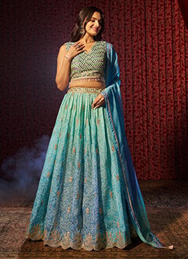 Blue Organza Bandhini Print Embroidered Sequins Traditional Lehenga