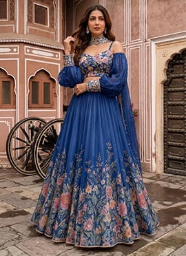 Blue Organza Beads Embroidered Digital Print Lehenga