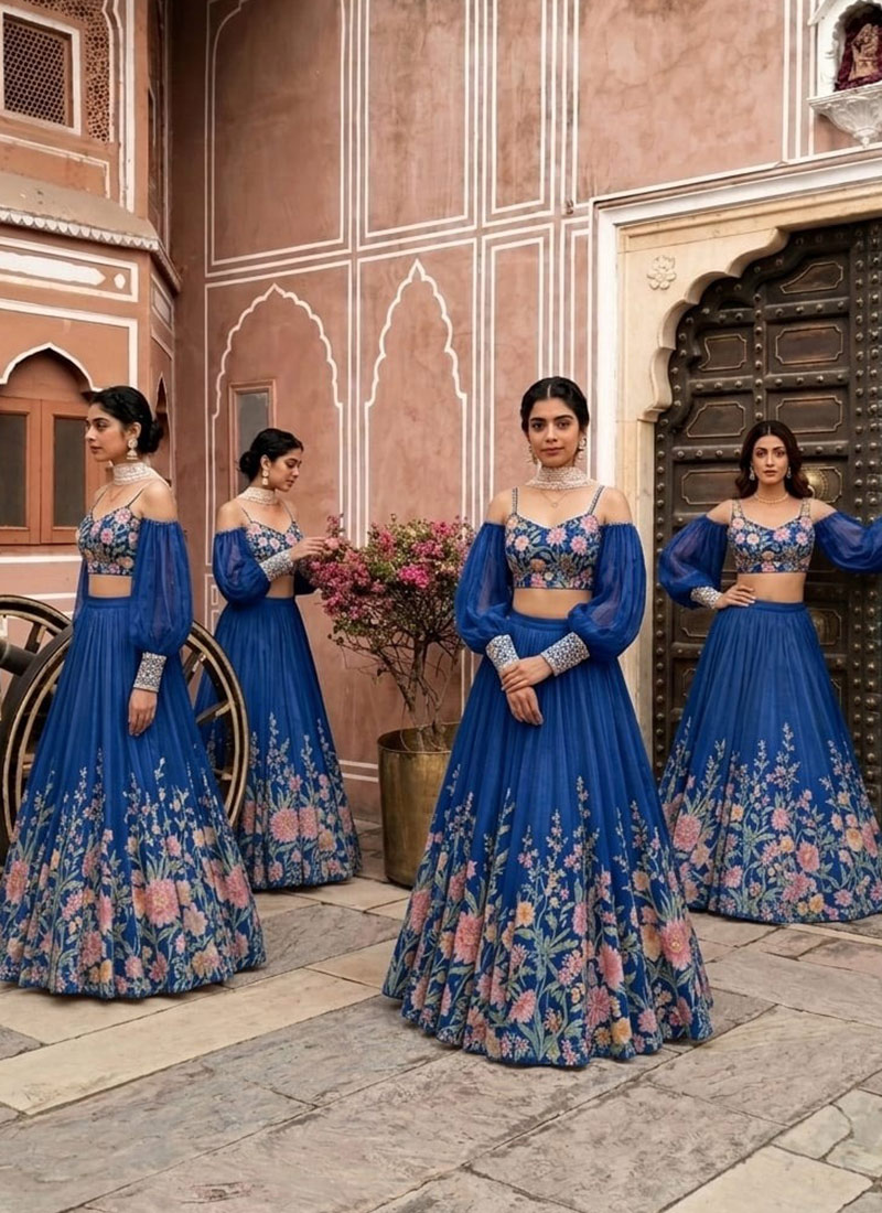 Blue Organza Beads Embroidered Digital Print Lehenga Wedding Wear