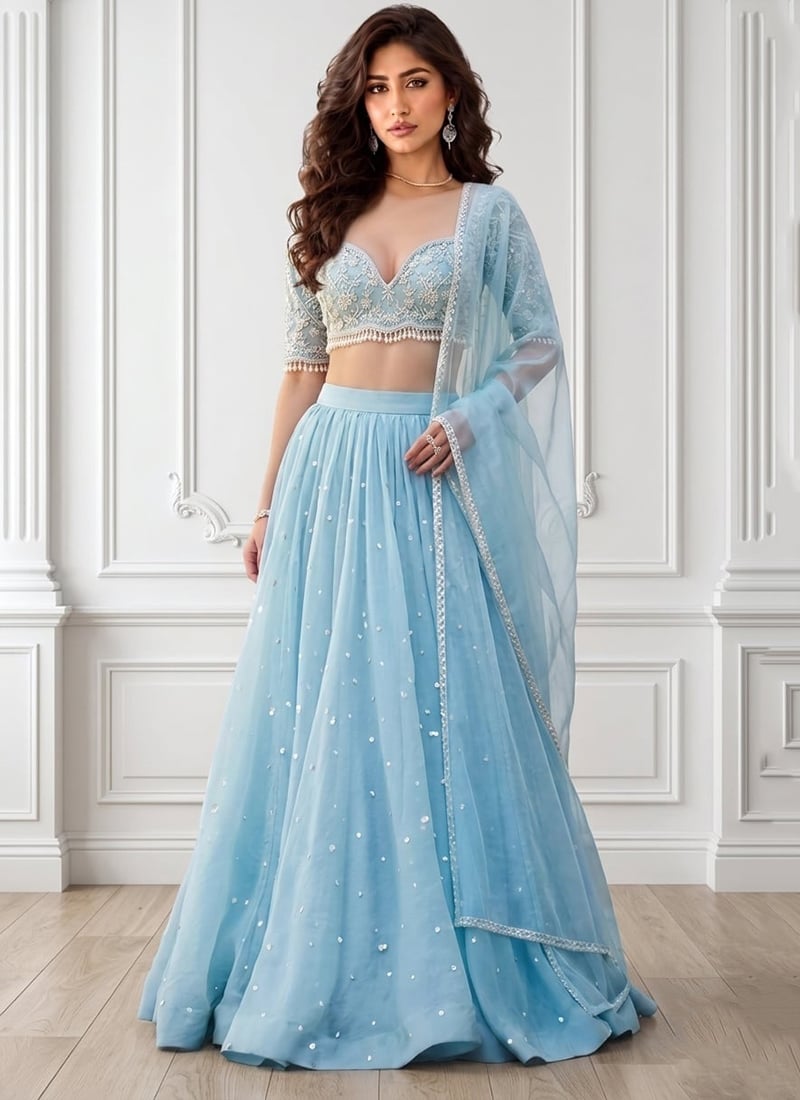 Blue Organza Beads Hand Embroidered Lehenga Wedding Wear