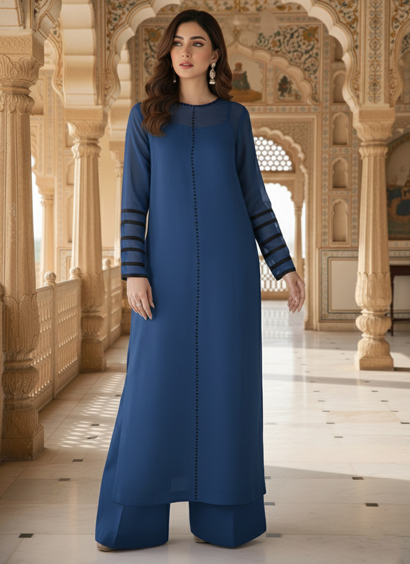 Blue Organza Beads Palazzo Suit After Six Wear