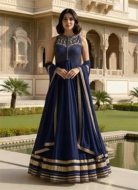 Blue Organza Beads Work A line Anarkali Suit