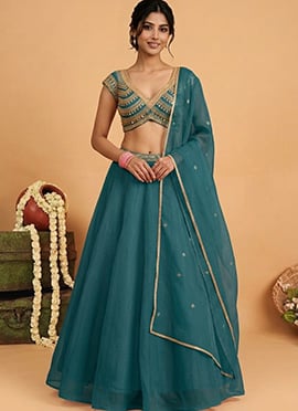 Blue Organza Cutdana Sequins Hand Embroidered Lehenga
