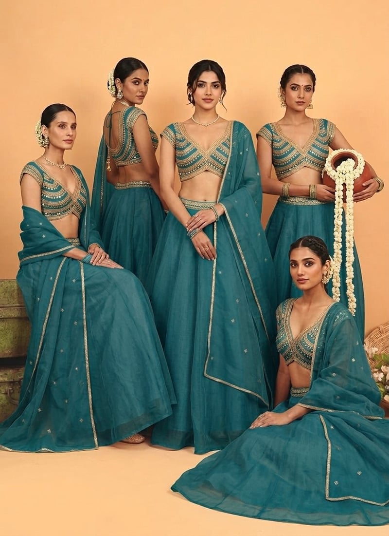 Blue Organza Cutdana Sequins Hand Embroidered Lehenga Wedding Wear