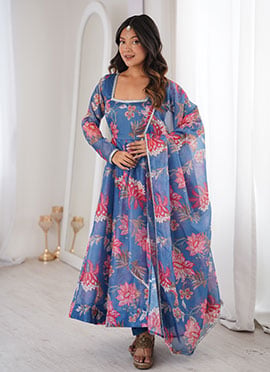 Blue Organza Digital Print Anarkali Suit
