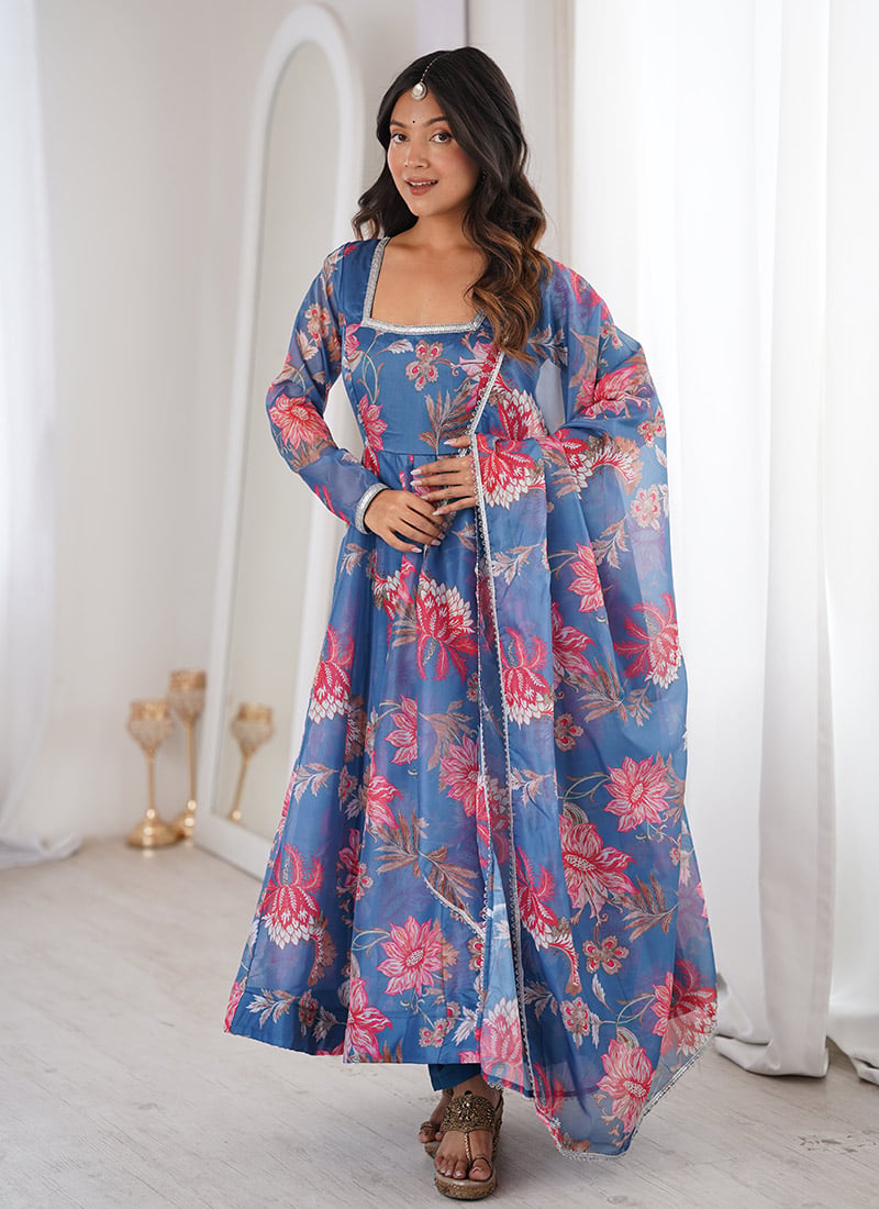 Blue Organza Digital Print Anarkali Suit Festive Wear