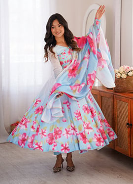 Blue Organza Digital Print Anarkali Suit