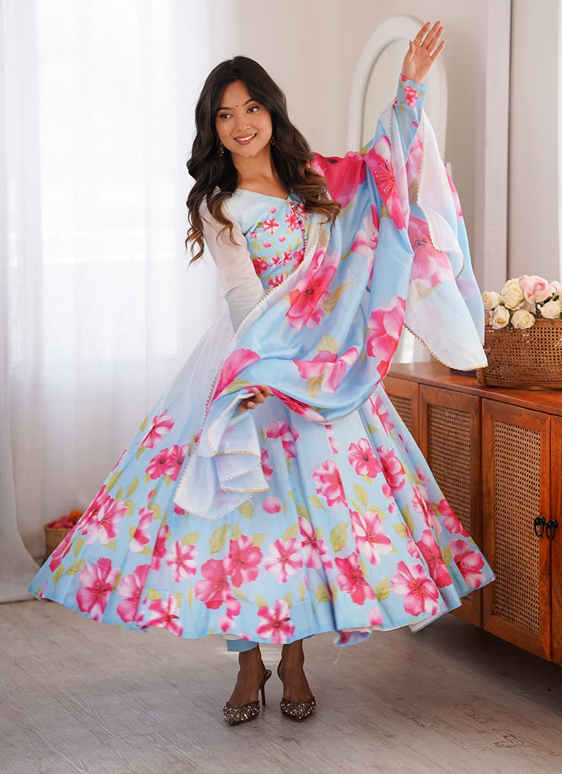 Blue Organza Digital Print Anarkali Suit After Six Wear