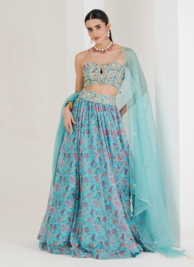 Blue Organza Digital Print Hand Embroidered Sequins Mirror Work Lehenga Wedding Wear
