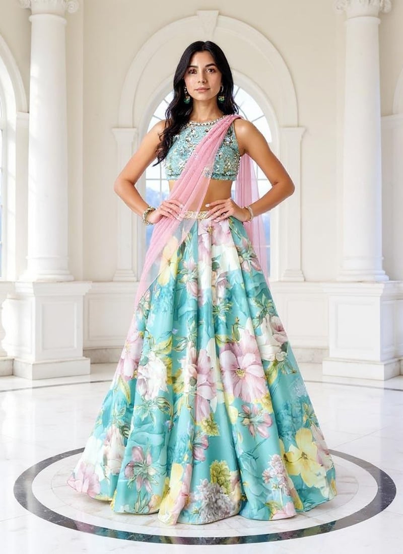 Blue Organza Digital Print Zari Hand Embroidered Sequins With Stone Work Lehenga Wedding Wear