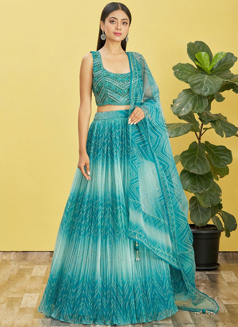 Blue Organza Embroidered Printed Umbrella Lehenga  Party Wear