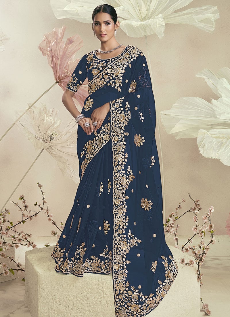 Blue Organza Embroidered Sequins And Zari Saree Wedding Wear