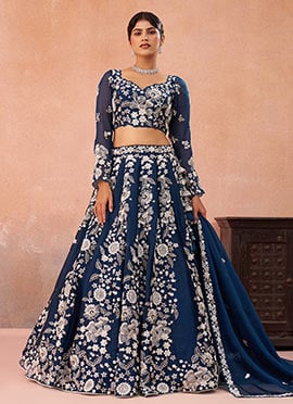 Blue Organza Embroidered Sequins Beads Zari Work Lehenga