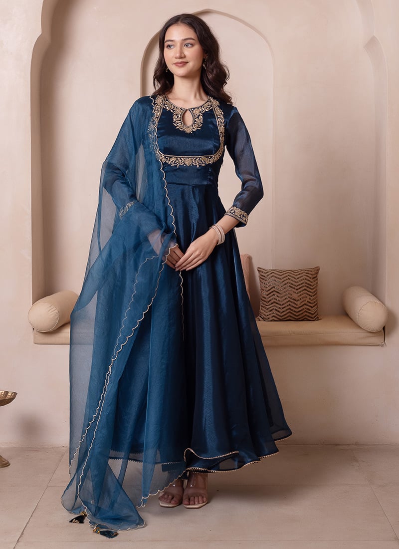 Blue Organza Embroidered Straight Suit After Six Wear