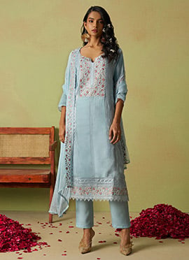 Blue Organza Embroidered With Stone And Beads Work Straight Pant Suit