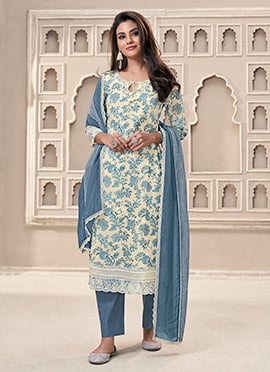 Blue Organza Floral Printed Embroidered Straight Pant Suit