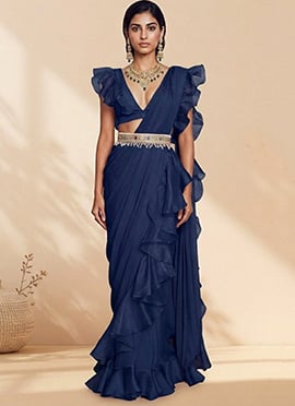 Blue Organza Hand Embroidered Sequins And Beads Work Pre Draped Saree