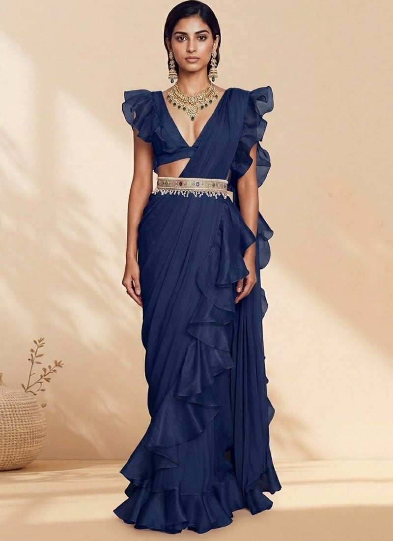 Blue Organza Hand Embroidered Sequins And Beads Work Pre Draped Saree Wedding Wear