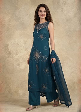Blue Organza Hand Embroidered Sequins Palazzo Suit