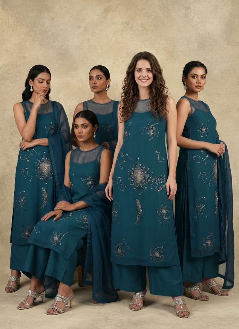 Blue Organza Hand Embroidered Sequins Palazzo Suit Festive Wear
