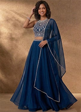 Blue Organza Hand Embroidered Stone Work Lehenga