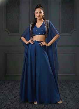 Blue Organza Hand Embroidered Zari Sequins Indowestern Jacket Palazzo Set