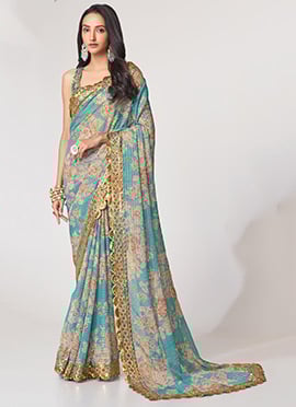Blue Organza Printed N Sequins Work Saree