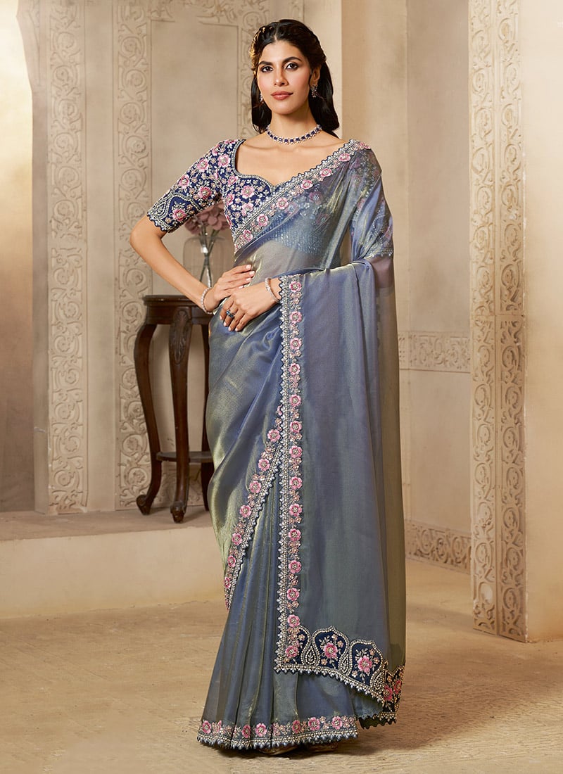 Blue Organza Satin Hand Embroidered Sequins With Stone Work Saree Festive Wear