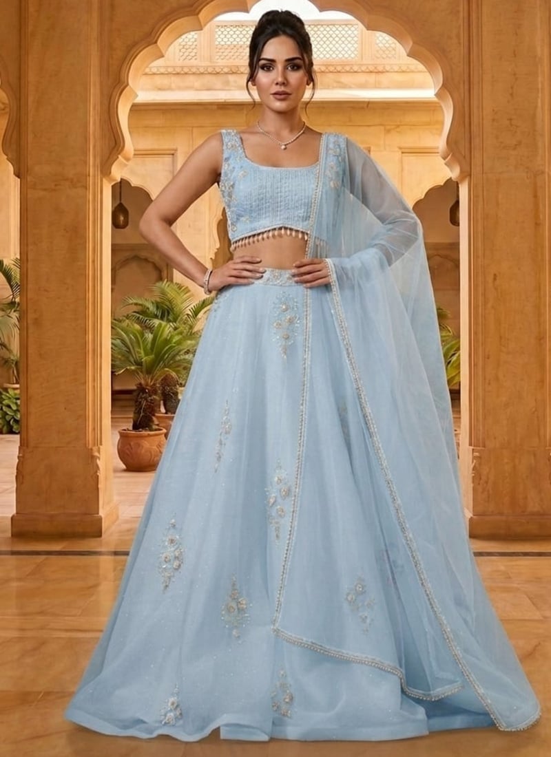 Blue Organza Sequins Hand Embroidered With Beads Work Lehenga Wedding Wear